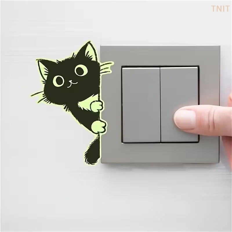 [J] Sweet Self-Adhesive Luminous Cat Wall Decals PVC Cute Glowing Cat Stickers Home Decor Funny Cat Switch Stickers Dorm Room