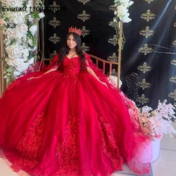 EVLAST Customized Red Quinceanera Dress Ball Gown Lace Applique Beading Cape Mexican Corset Sweet 16 Vestido De 15 Anos TQD972