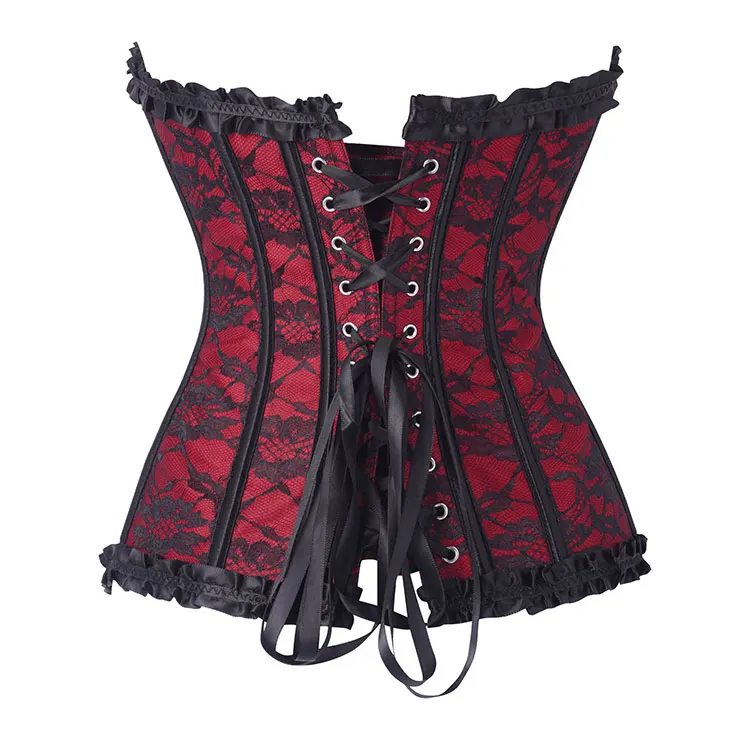Damen Gothic Overbust-Korsett mit Spitze, Rüschen, Schleife vorne, Busk-Rückseite, Schnürung, Taillenformer, Halloween-Party-Kostüm – Detail 5