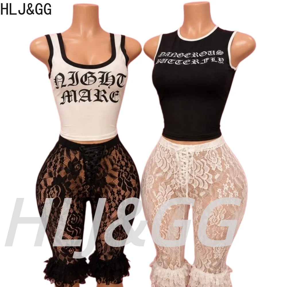 HLJ&GG Trend Y2K Letter Print Tank Tops Two Piece Sets Women Sleeveless Vest + Lace See Though Bandage Shorts Outfits Streetwear
