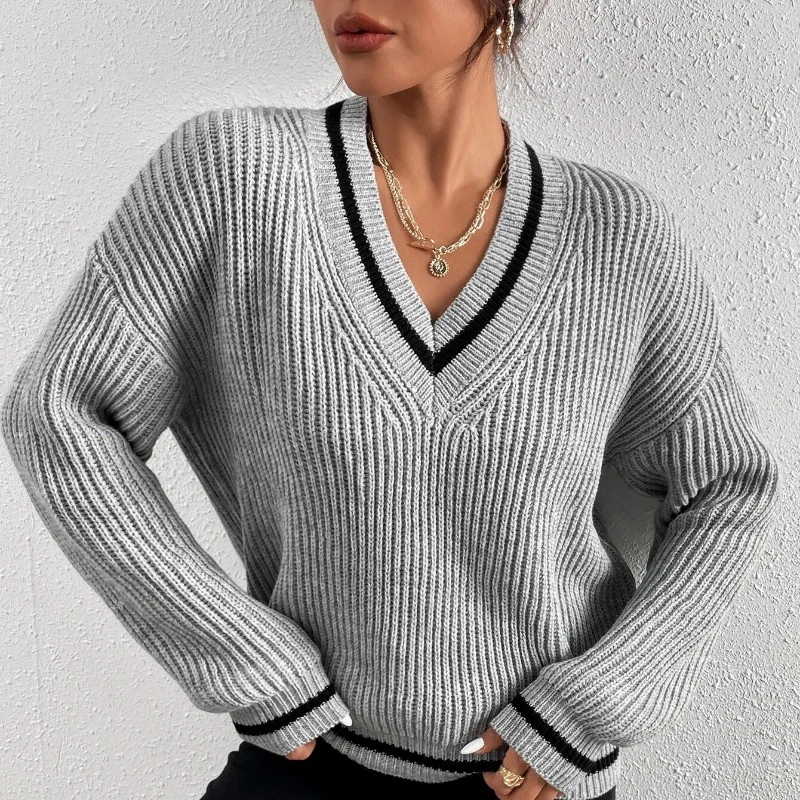 

Casual Loose Knitted Sweater for Women Autumn Stripe V-Neck Sweater Winter Solid Soft Office Lady Pullover Fashion Jumper 28670