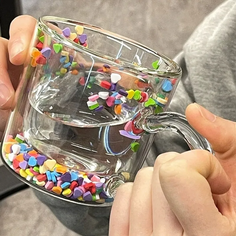 Creative Glass Cup Multicolor Heart Shaped Quicksand Mug Double Layer Coffee Cup Milk Tea Juice Water Glass Drinkware