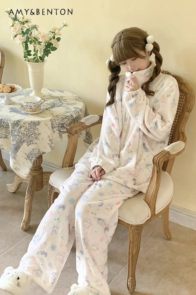 

Зимняя утолщенная двусторонняя фланелевая верхняя одежда, повседневная теплая домашняя одежда с милыми звездами и отложным воротником на молнии, пижамный комплект с мультяшным принтом