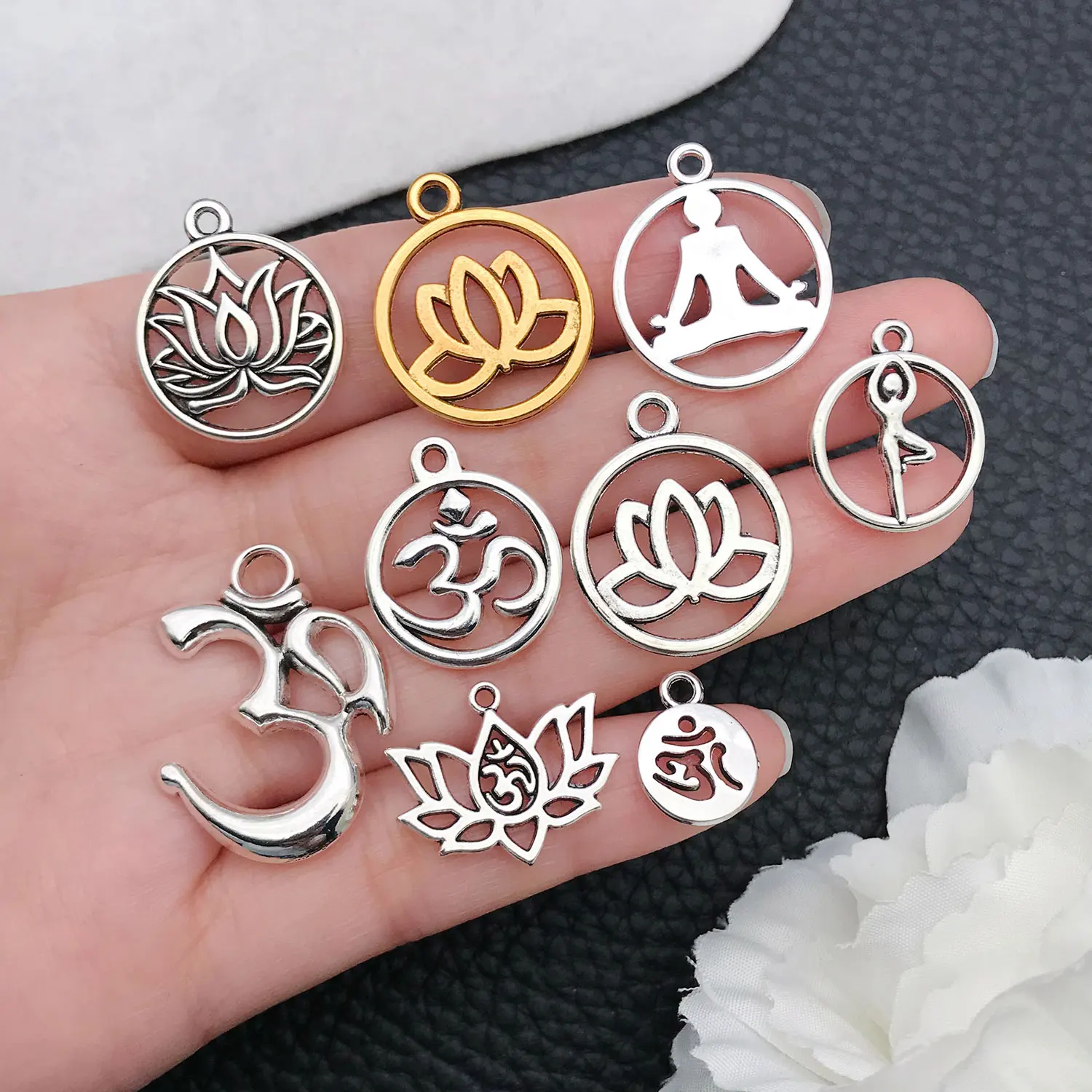 Lotus & Water Lily Metal Pendant Set. Loose Round Outline Charms for Yoga, Meditation & Chakra Jewelry Making.