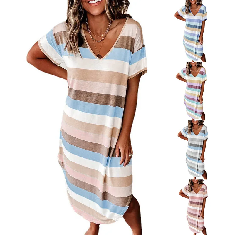 

Summer Dress 2022 Long Dress Women Dress Striped Short Sleeve Casual Sexy Dress S-3XL