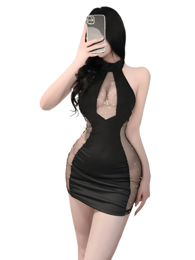 

Sexy Fashion French Style Hanging Neck Stand Up Collar Mesh Splicing Drilling Low Cut Exposed Backpack Dress Elegant New JDG