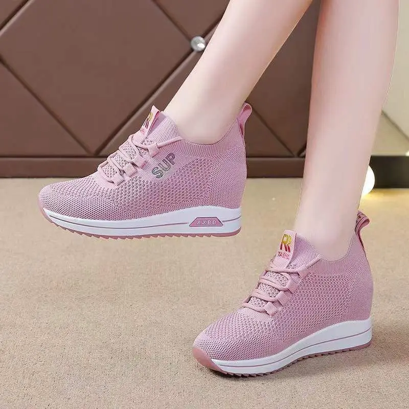 Women\'s Shoes Summer Hidden Heel Wedges White Pink Sneakers Female Platform Breathable Mesh Black High Heel Casual Shoes2023