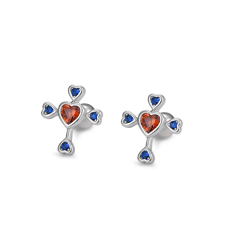 

925 Sterling Silver Earring Simple Love Heart Cross Crystal Turnbuckles Stud Earring For Women Girl Wedding Party Jewelry Gift