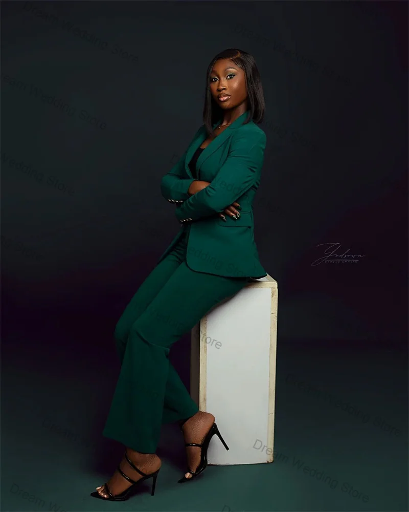 

Dark Green Women Suit Set 2 Pcs Blazer Pants Trousers Cotton Fall Autumn Formal Office Lady Jacket Customized Wedding Prom Coat
