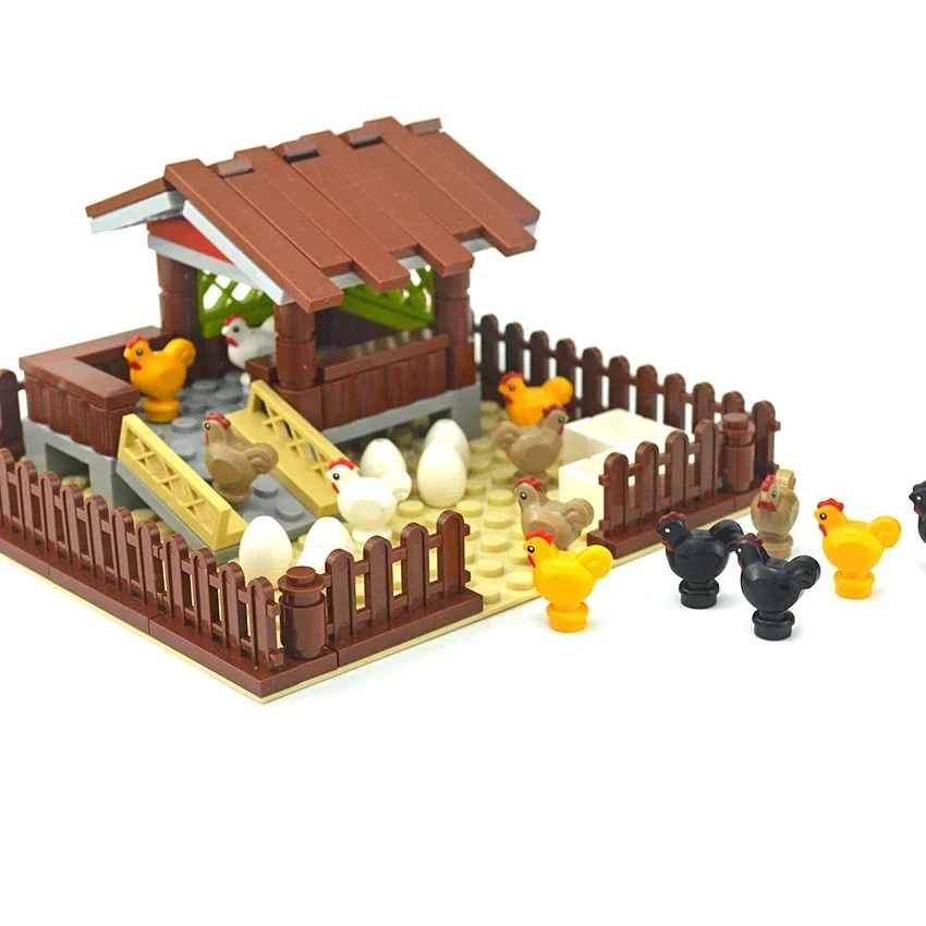 MOC City House Bricks Farm Animal Building Blocks Pigs Chickens Eggs Dogs Pets Poultry DIY Courtyard Accessories Creative Toys