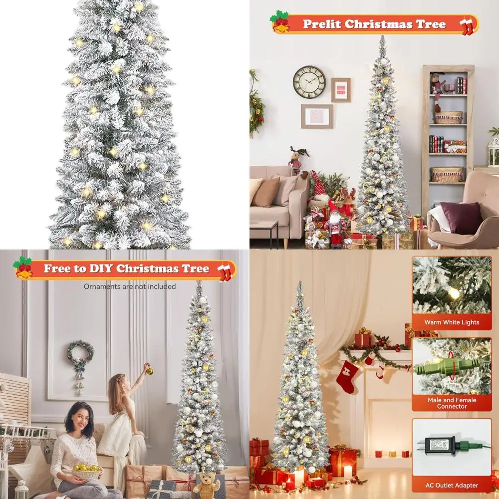

6ft Pre-Lit Snowy White Frosted Noble Fir Christmas Tree with Warm Lights and Metal Stand