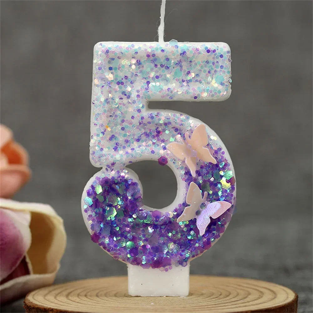 1Pcs Lila Glitter Schmetterling Thema Kerze 0-9 Anzahl Kuchen Topper Hochzeit Decor Baby Dusche Kind Geburtstag Party decor Mädchen