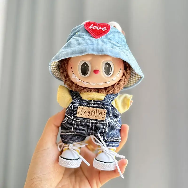 1 set Cute Baby clothes 17cm for Labubu doll Clothes with Blue Hat Overalls Suit no doll