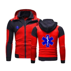 2024 EMT Emergency Ambulance Men Spring and Autumn Printing Leisure Hooded Color Matching Hoodie Double Zipper Pullover Tops