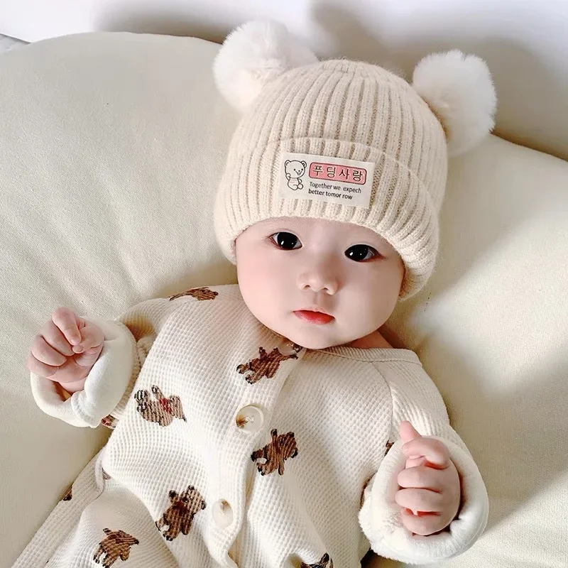 Gorro de punto con pompón para niños y niñas, gorro cálido de Color sólido, accesorios de invierno