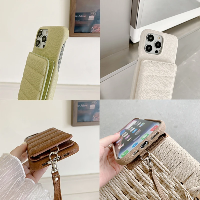 Wrist Strap Wallet Phone Case for iPhone 15 14 13 12 11 Pro Max Luxury Litchi Patterned Shockproof PU Leather Cover