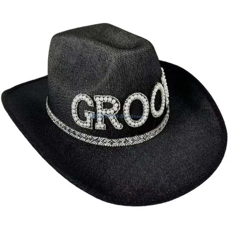 340D Bride Hat Cowgirl Hat Glitter Encrusted Rhinestones BRIDR GROOM for Engagement