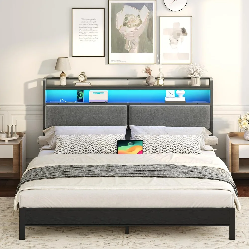 

King Headboard, Upholstered Headboard Power Panels and LED Light,2 AC Outlets,2 USB Ports and2Type-C Ports, 2-Tier Open Shelves