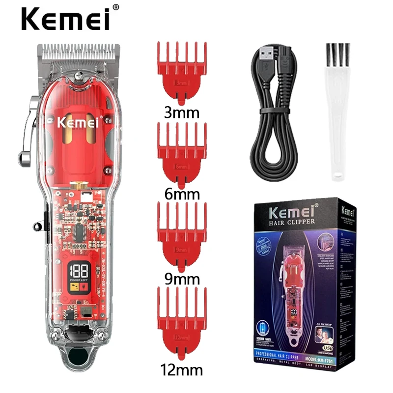 

Перезаряжаемая машинка для стрижки волос Kemei, парикмахерская, машинка для стрижки волос, 10 Вт, беспроводной триммер, прозрачная крышка, красная основа KM-1761
