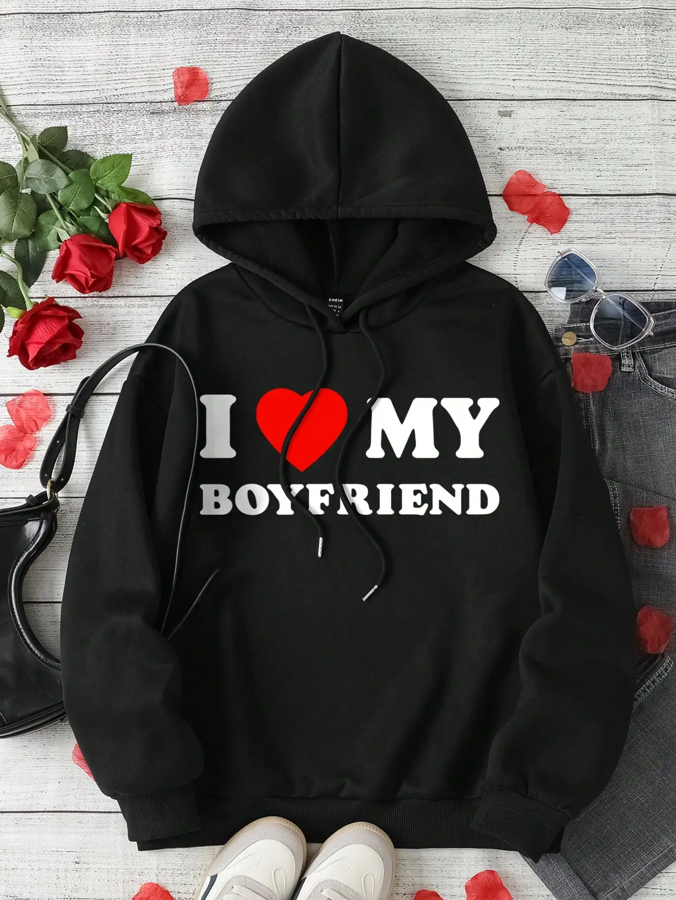 

"I Love My Boyfriend" Slogan Heart Graphic Drawstring Hooded Oversized Sweatshirt For Women, Suitable For Autumn/Winter,