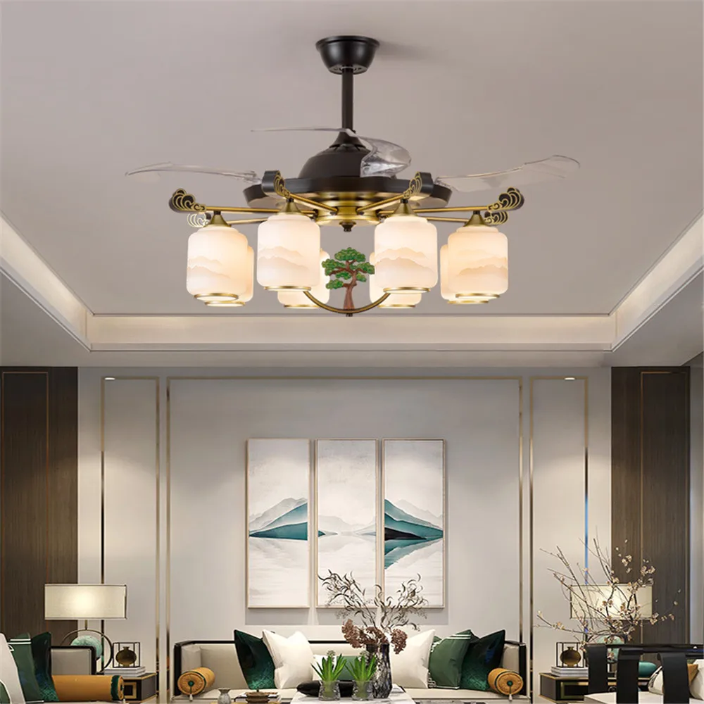 Modern Stealth Ceiling Fan With Light LED Luxury Ceiling Fan Lighting for Restaurants Living Room Remote Electric Fan Lights