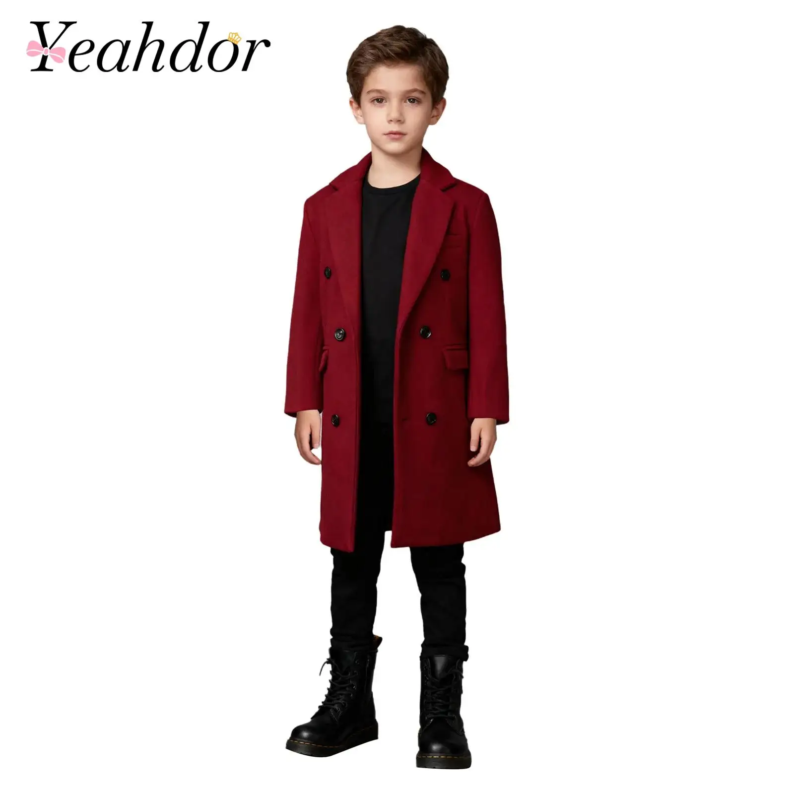 أطفال بنين معطف طويل دافئ الخريف والشتاء معطف مزدوج الصدر كم طويل يرتدى سترة طويلة أزياء حفلة عيد ميلاد