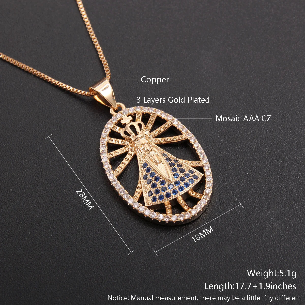 MHS.SUN Lujan Jungfrau Maria Anhänger Halsketten Virgen De Guadal Kubikzircon Halsband Vergoldet Religiöser Schmuck für Frauen Mädchen – Detail 7