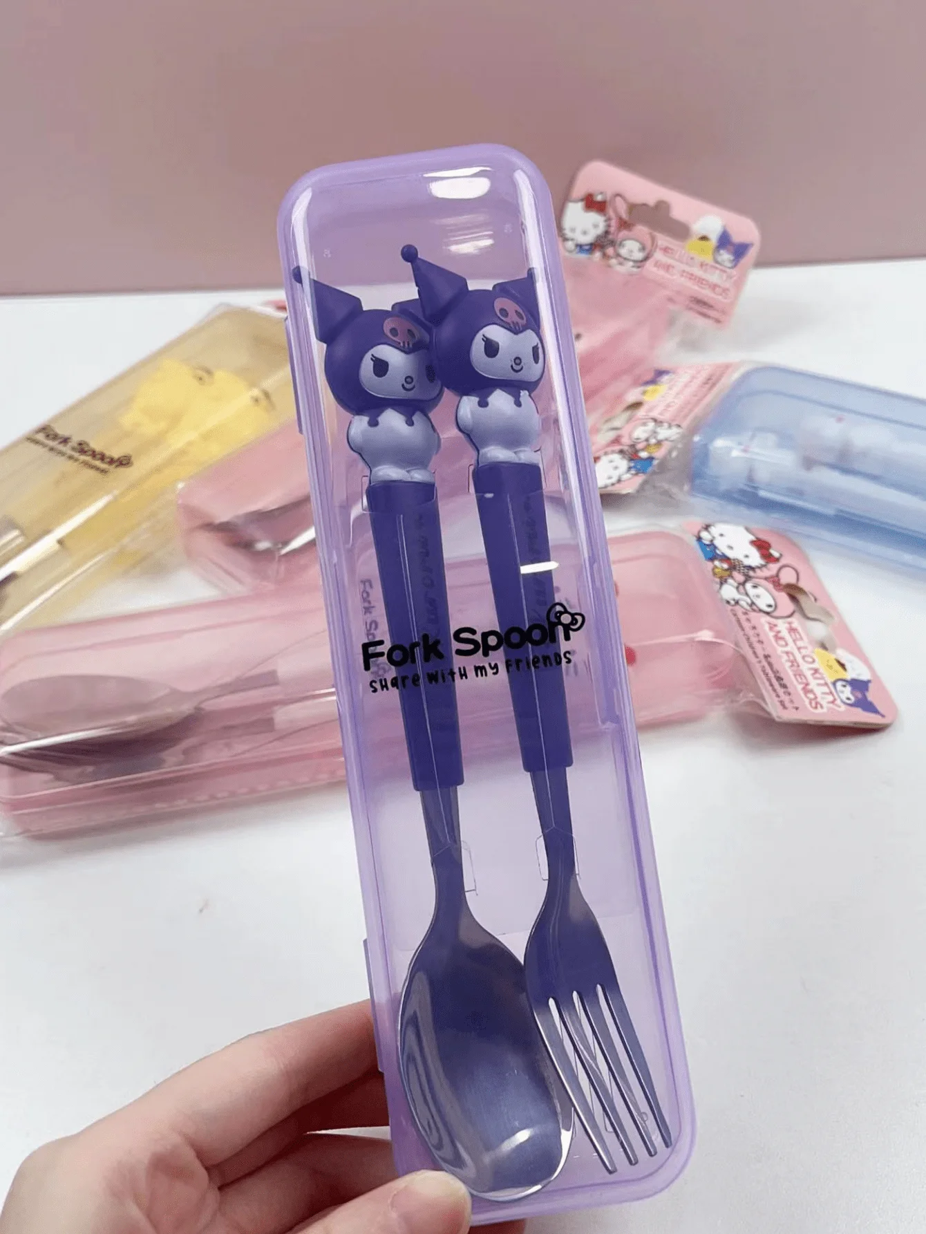 2 stks/set roestvrijstalen vork en lepelset, Hello Kitty Cartoon schattig draagbaar herbruikbaar servies, huis- en buitenbenodigdheden