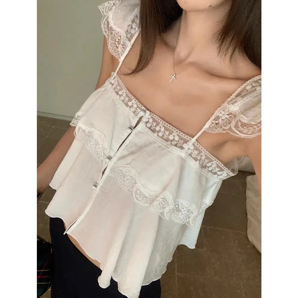 Women Simple Fresh Style T-Shirt Lace Patchwork Cami Tank Top Korean Fashion Slim Fit Casual All Match Inner Wear & Outwear Tops