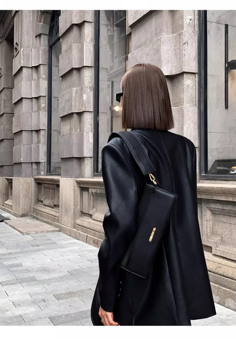 Lautaro Autumn Black Brown Soft  Pu Leather Blazer Women Shoulder Pads Long Sleeve Single Breasted Loose Casual Korean Fashion