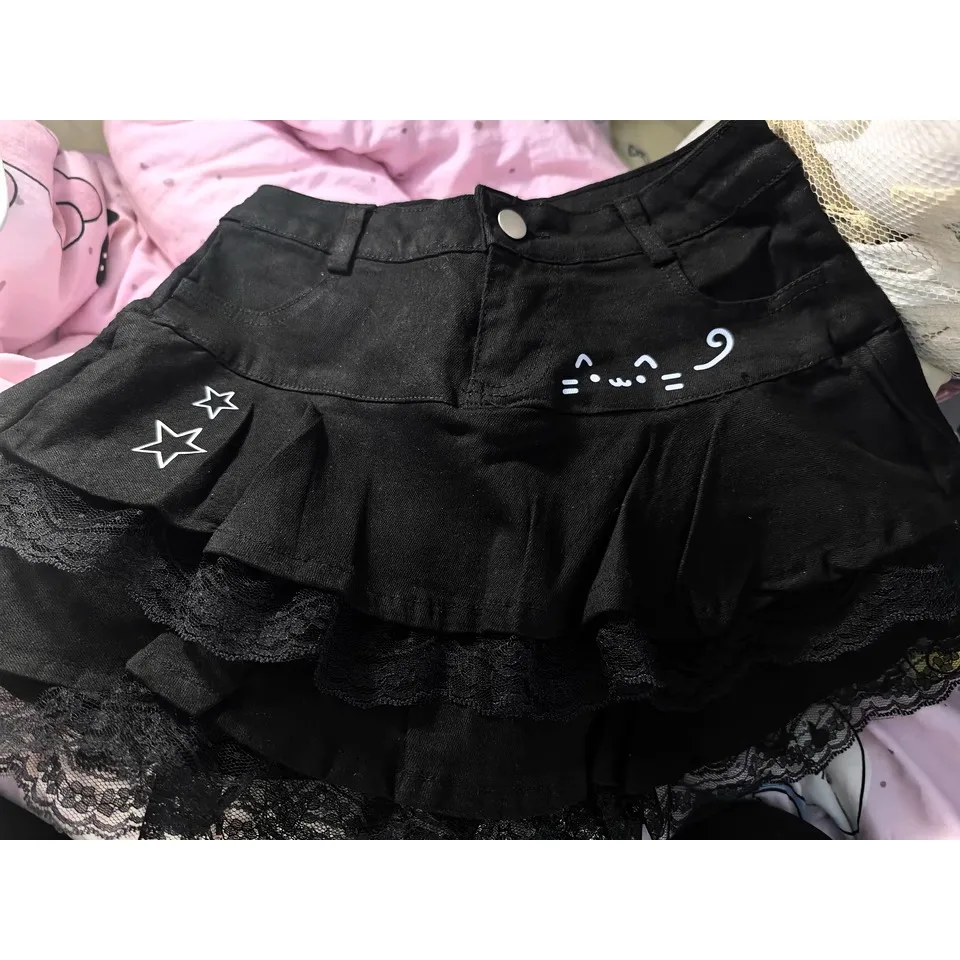 Japanese Kawaii Lolita Sweet Short Skirts Women Summer Cute Lace Ruffle Denim Skirt Gothic Y2k Cartoon High Waist Cake Skirt New