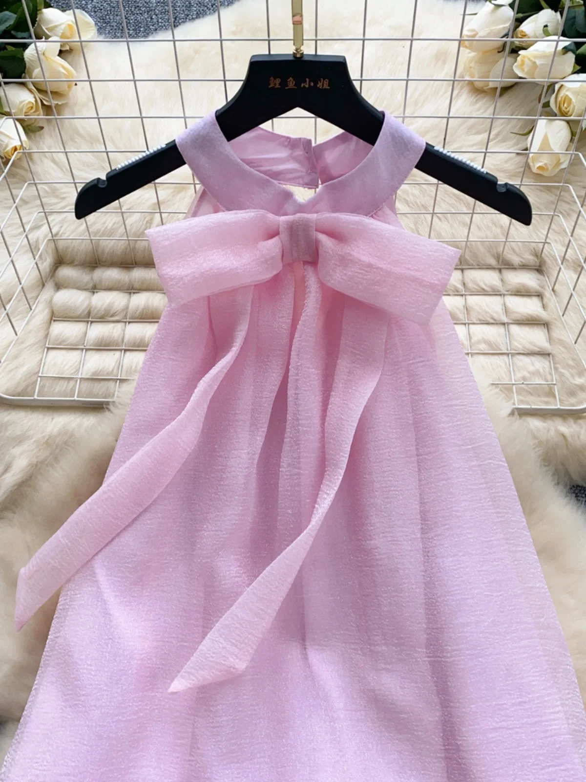 Ofallsis Pink Mesh Stitching Fairy Dress 2024 Summer New Sweet Bow Tie Up Neck Hanging Sleeveless Holiday Dresses Female Vestido