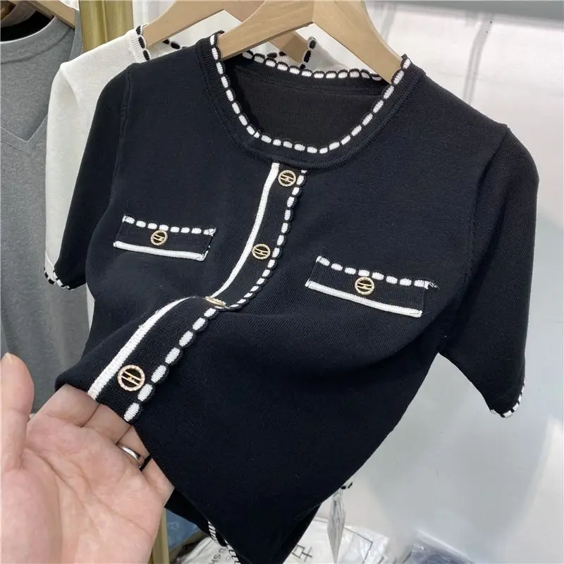Ice Silk Knitting Casual Short Sleeve T-shirts Summer Contrast Patchwork Fashion Pullovers Tops Vintage Korean Women Clothing