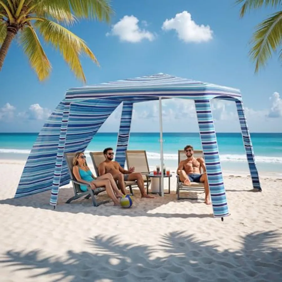 

Beach Cabana-6.6x6.6'Beach Canopy with Side WallPortable Umbrella Tent with Sand Pockets for Family and Friends Easy Up Beach S