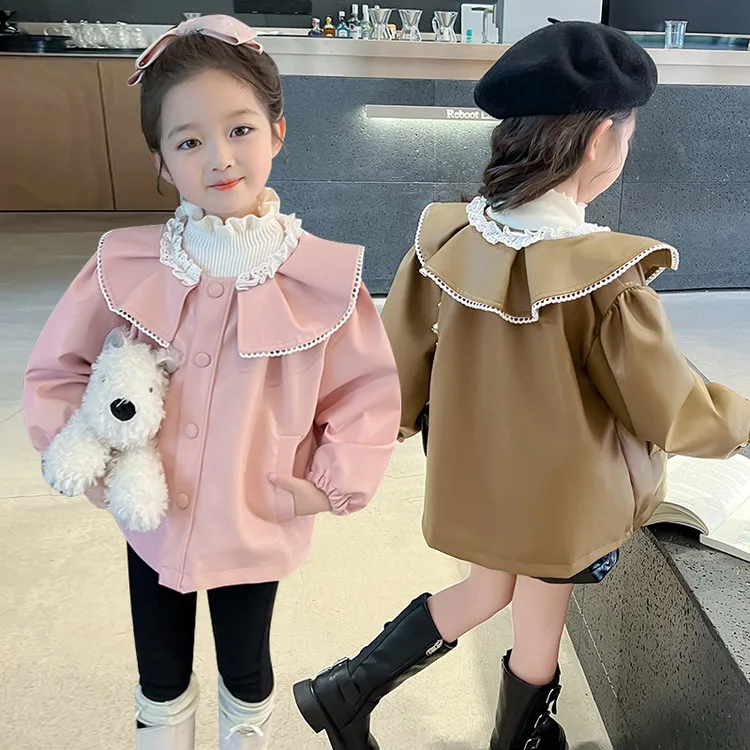 Toddler Girls' Leather Jacket, Elegant Ruffle Collar, Button - Up Coat for 2-9 Years Kids, 2025 Autumn And Winter Girls Outwear