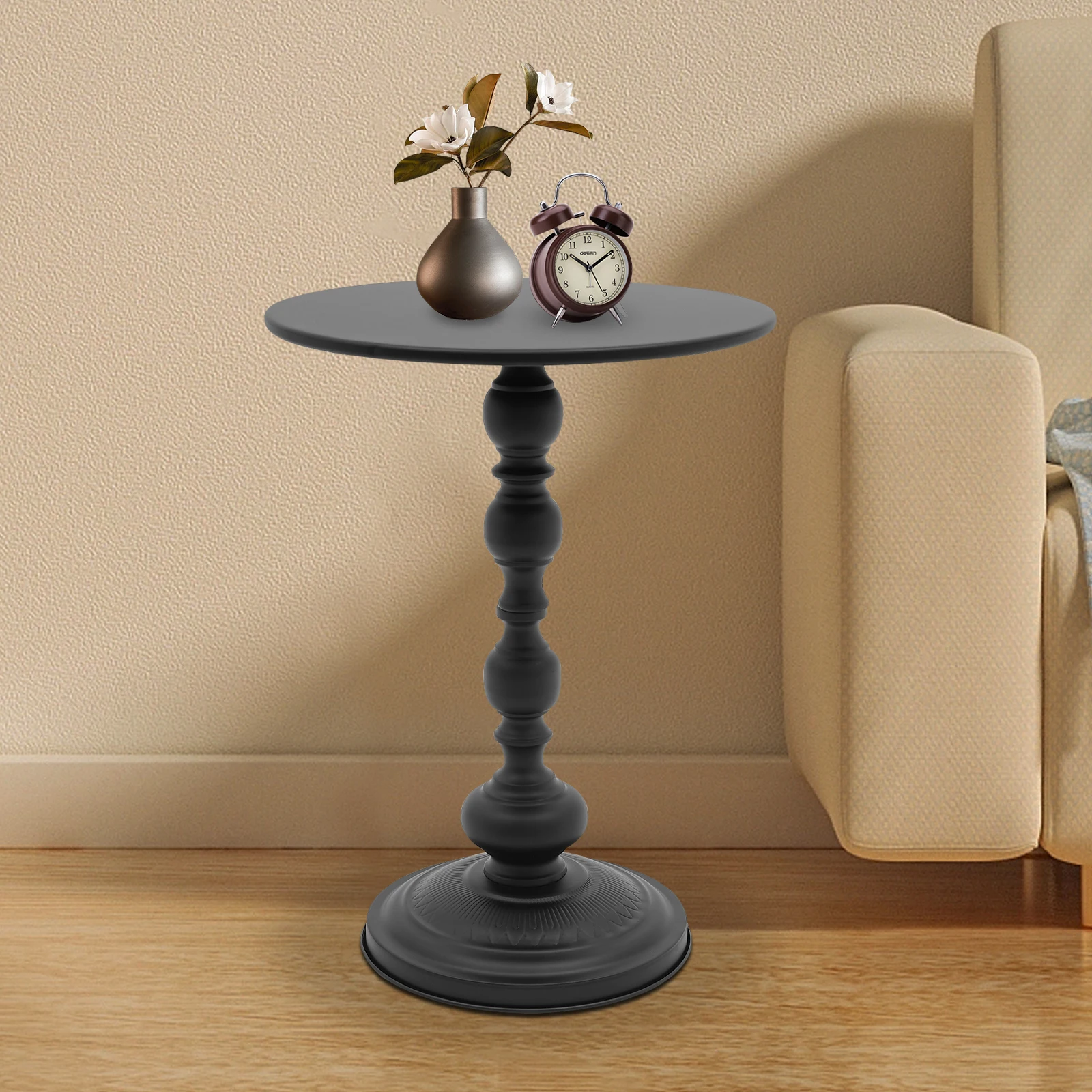 

Small Round Side Table - Retro Metal Pedestal End Table for Living Room, Bedroom, Sofa & Small Spaces, 15.7'' ×20.5'' (Black)