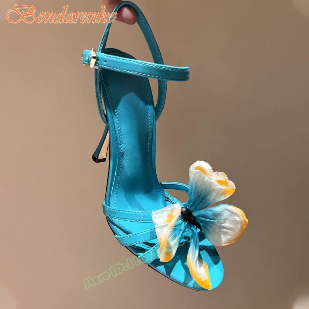 

Flowers Butterfly Decor Sandals Open Toe Straps Buckles Thin High Heels Women Sexy Shoes Summer Mixed Colors Designer Party Show