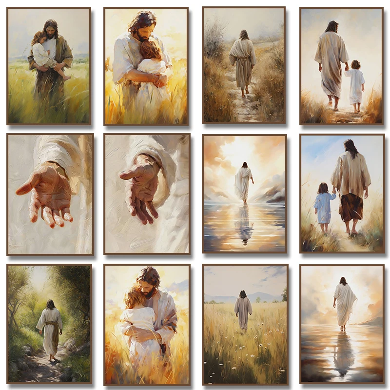 Jesus Walking on Water Poster Watercolor Holy Embrace with Children Lost Lamb Canvas Painting Print Bible Wall Room Home Decor