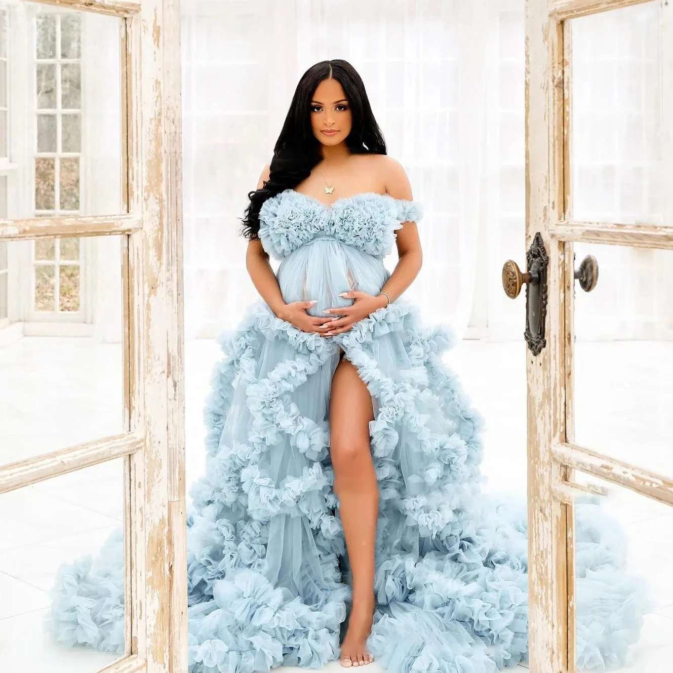 Maternity Dresses for Photoshoot Ruffles Tulle Pregnant Photo Gowns Baby Shower Off Shoulder Front Slit Bridal Sleepwear Robe