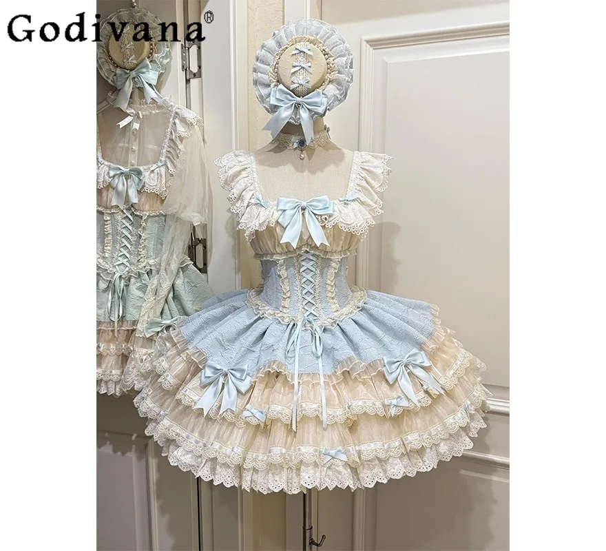 فستان كعكة الباليه الأزرق اللطيف للنساء على الطراز الياباني Jsk فستان لوليتا الحلو فستان بفيونكة الأميرة مع قلادة على شكل قبعة