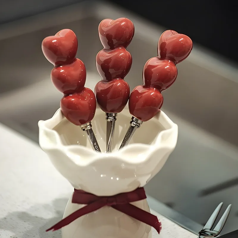 

Милая десертная вилка для фруктов, бытовая посуда, высокоценная креативная керамическая банка для хранения + набор маленьких вилок из нержавеющей стали