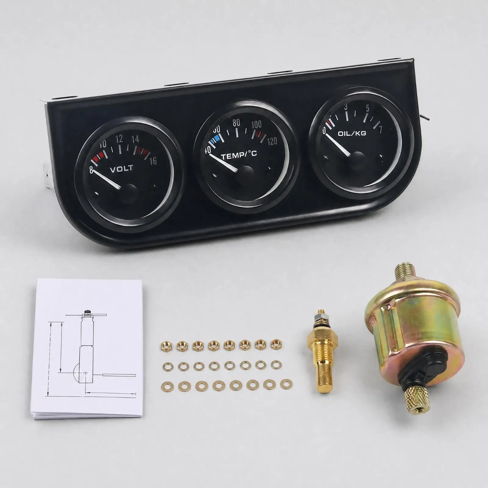 Car Voltage Oil Gauge Triple Analog Panel ABS Housing Iron Core Compact Layout for Mechanic Custom Dash Install