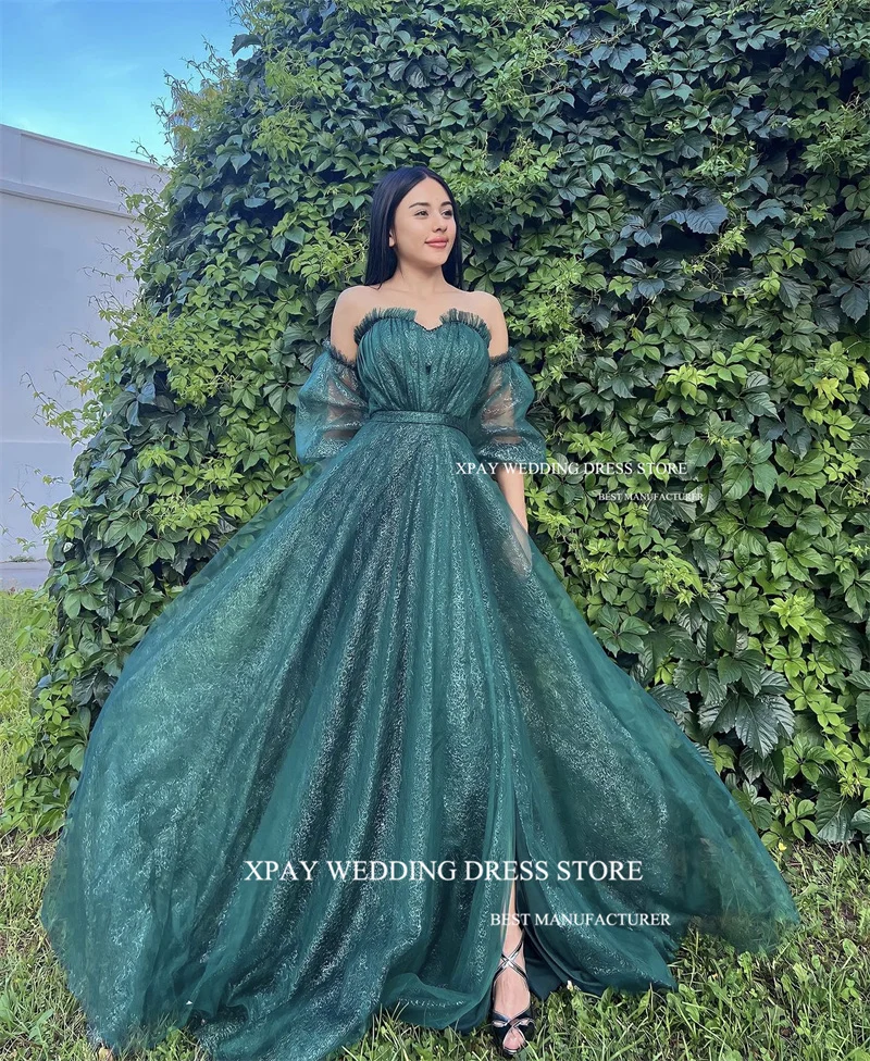 XPAY 그린 샤이니 튤 롱 프롬 드레스 스트랩리스 퍼프 롱 슬리브 스플릿 이브닝 가운 아라비 두바이 맞춤형 정장 파티 드레스