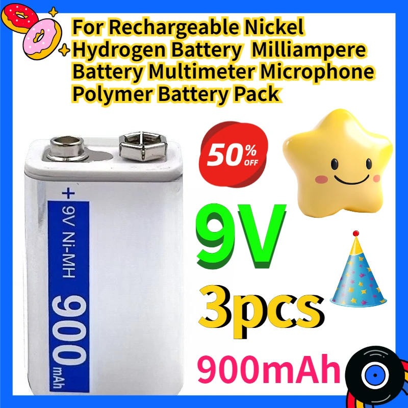 For 9V Rechargeable Nickel Hydrogen Battery 900mAh Milliampere Battery Multimeter Microphone Polymer Battery Pack 3pcs