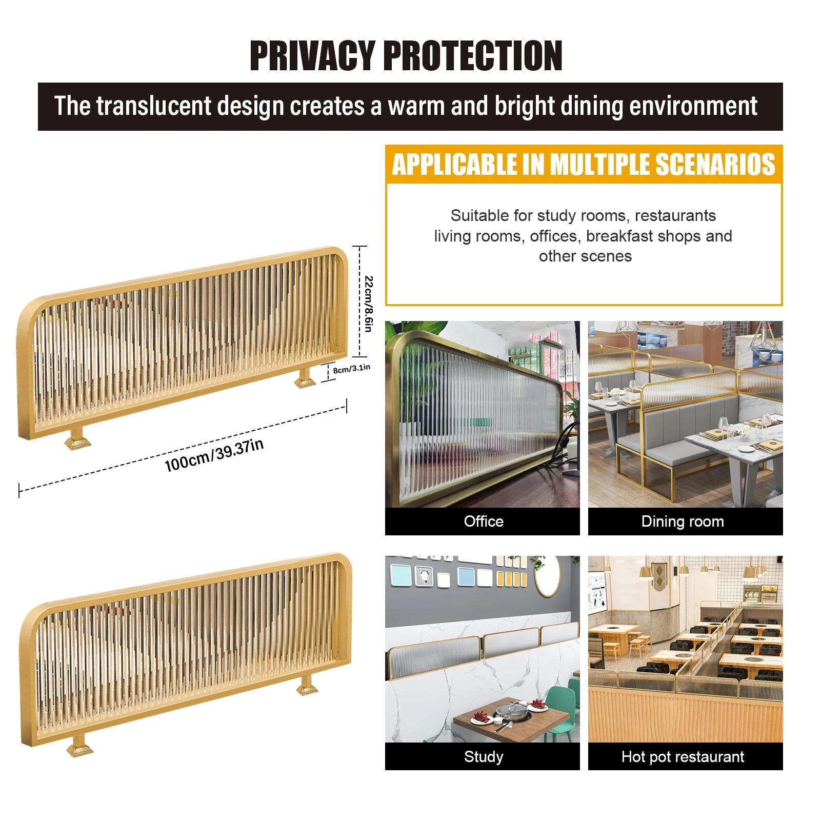Divisor de tela, divisória comercial de vidro listrado, divisor de mesa moderno de cerca baixa para hotel, restaurante