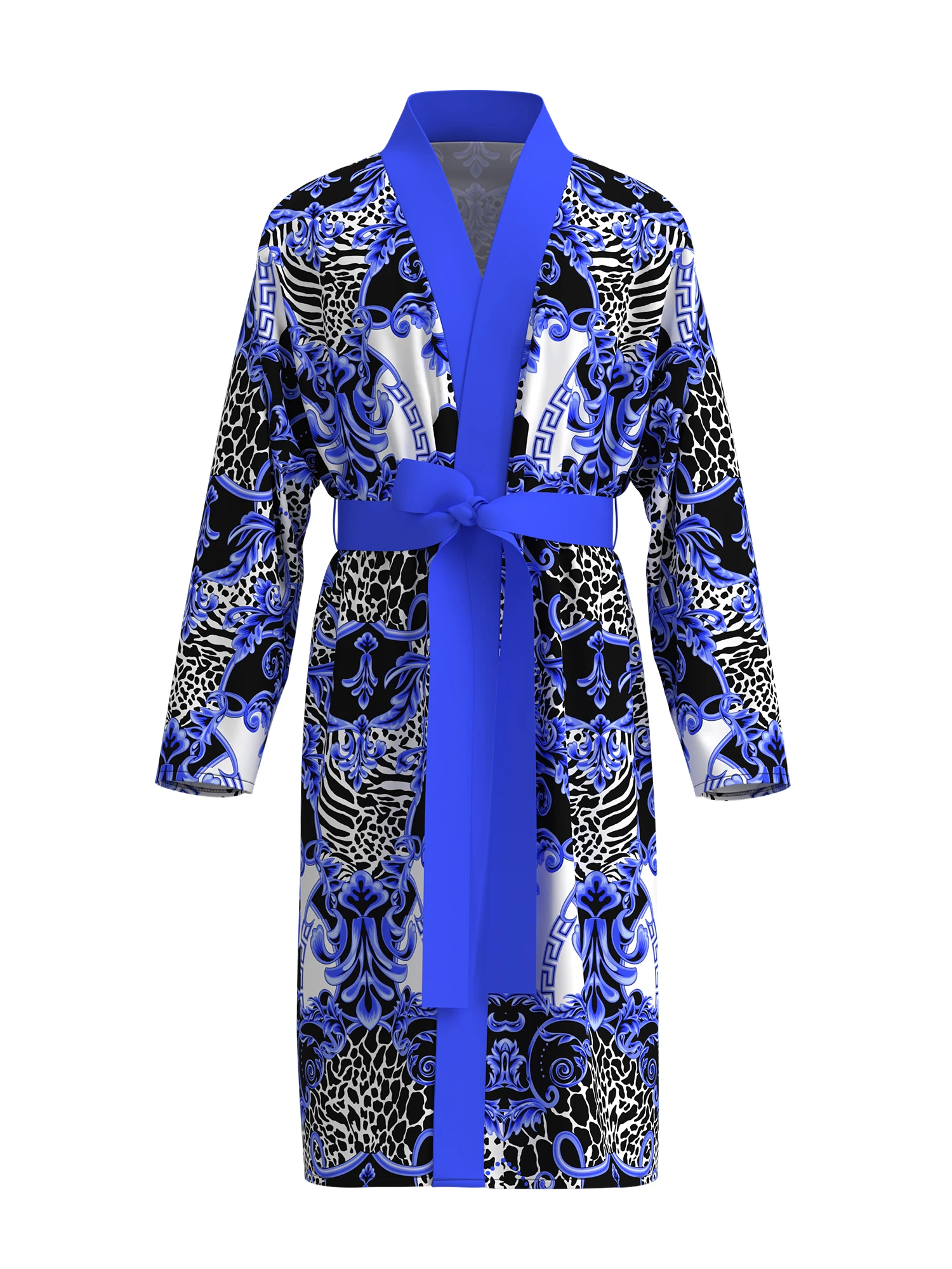 Men's blue and white baroque print bathrobe, light luxury leopard print floral long-sleeved home clothes, casual nightgown