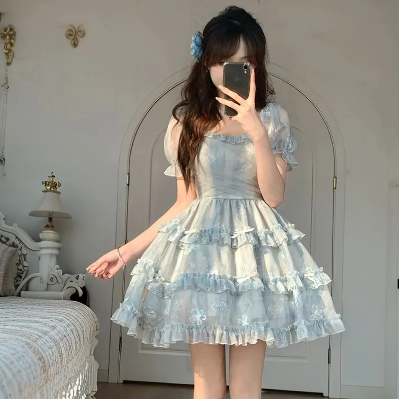 Kawaii Bogen Mini Kleid Frauen Mode Party Mesh Rüschen Patchwork Kleider Sommer Koreanische Puff Kurzarm Bodycon Design Vestidos