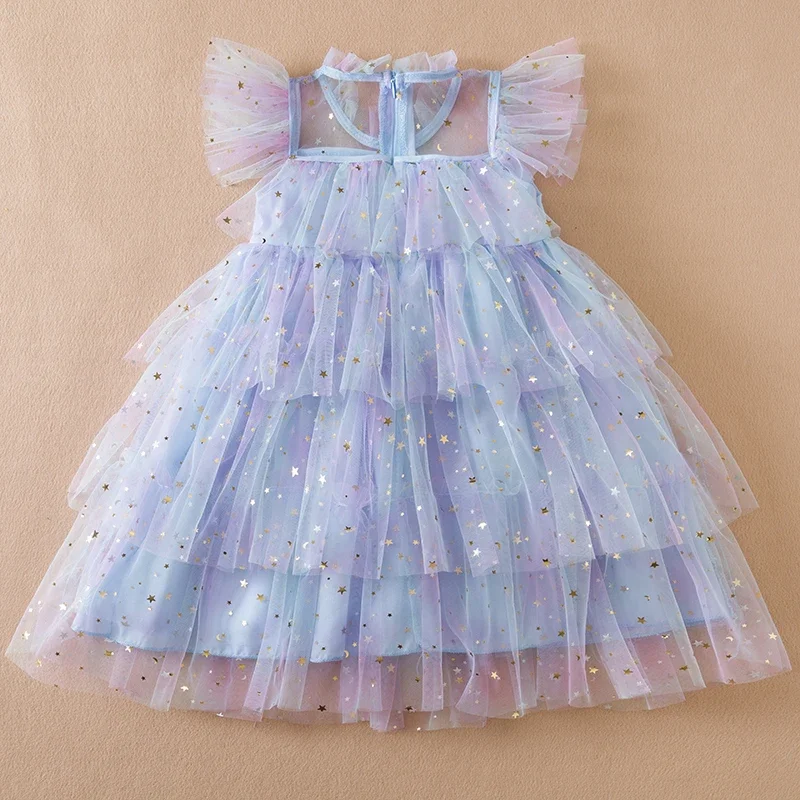 2024 New Summer Girl Sequins Mesh Layers Cake Rainbow Children Vestido Princess Dress 3-8Y Kid Clothes Birthday Party Prom Dress