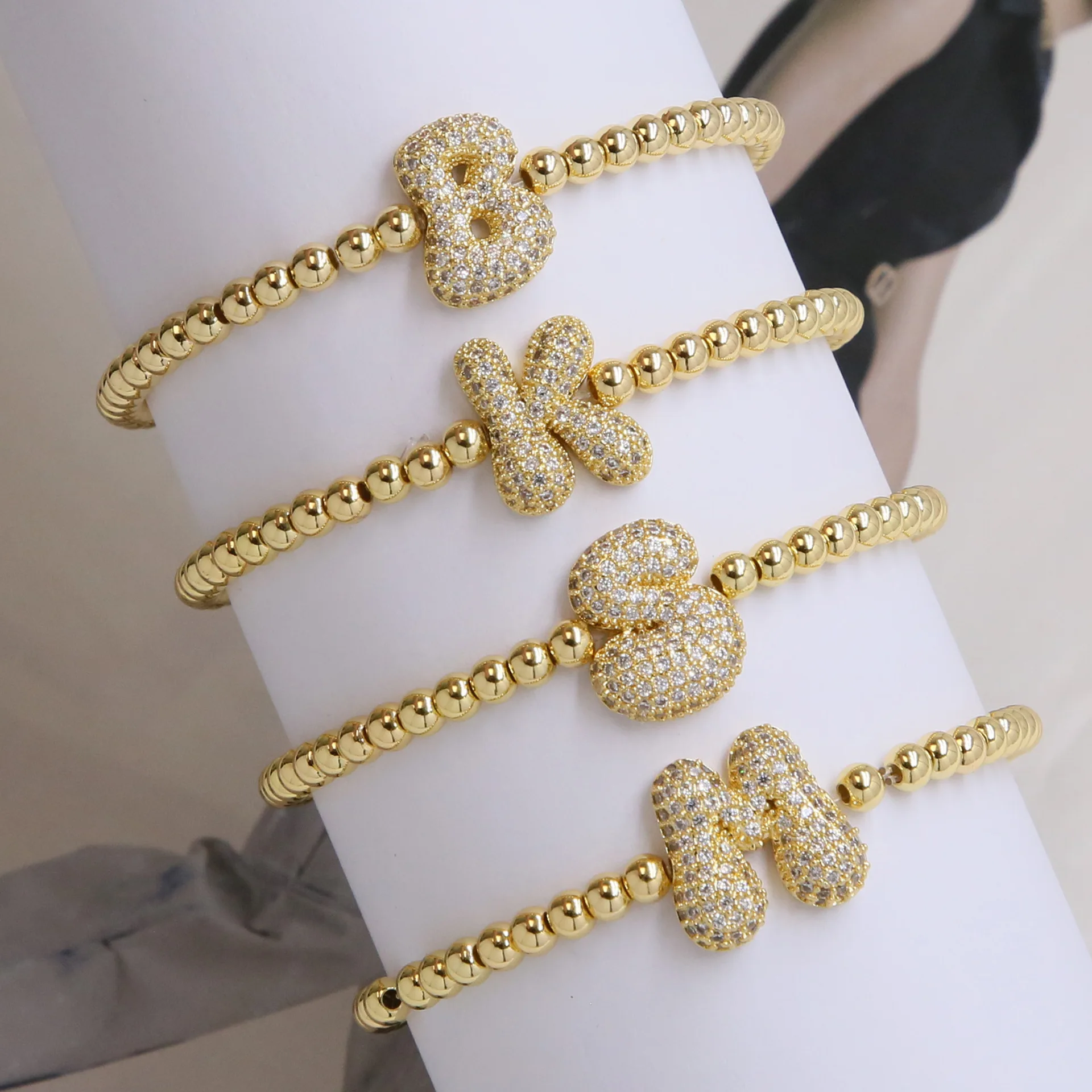 

8Pcs 18k Gold Plated CZ Initial Bubble Bracelet Golden Plated Beads With Pave Letter Alphabet Charm Stretch Bracelets Gifts Wome