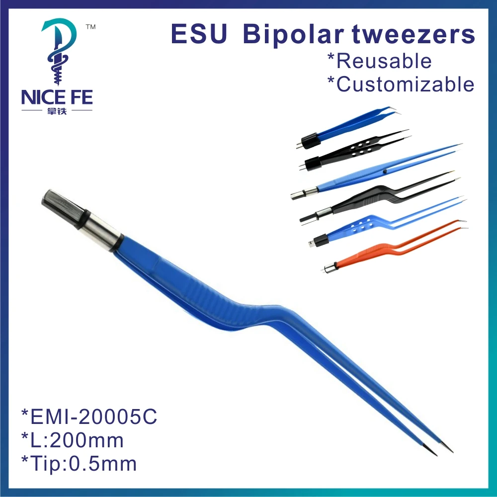 IEC Blue Bipolar แหนบแบบใช้ซ้ําได้คีมโค้งสําหรับหน่วยผ่าตัดไฟฟ้า,L: 20 ซม.,ปลาย 0.5 มม. бипонц